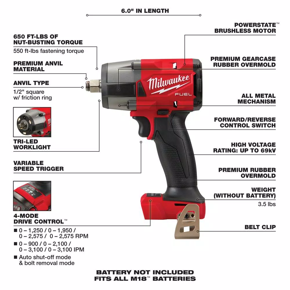Flash Sale 🔥 Impact 🔧 Wrenches Milwaukee M18 FUEL Gen-2 18-Volt Lithium-Ion Brushless Cordless Mid Torque 1/2 In. Impact 🔧 Wrench W/Friction Ring (Tool-Only) 🎉 - Image 3