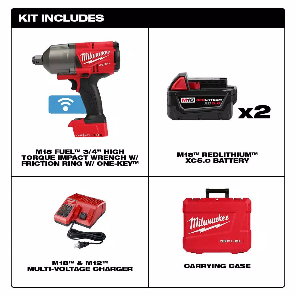 Top 10 🌟 Impact 🔧 Wrenches Milwaukee M18 FUEL ONE-KEY 18-Volt Lithium-Ion Brushless Cordless 3/4 In. Impact 🔧 Wrench W/Friction Ring Kit W/(2) 5.0Ah Batteries 🔔 - Image 2