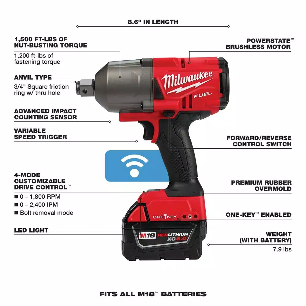 Top 10 🌟 Impact 🔧 Wrenches Milwaukee M18 FUEL ONE-KEY 18-Volt Lithium-Ion Brushless Cordless 3/4 In. Impact 🔧 Wrench W/Friction Ring Kit W/(2) 5.0Ah Batteries 🔔 - Image 4