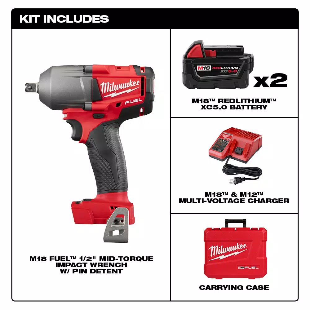 Discount ๐ Impact ๐ง Wrenches Milwaukee M18 FUEL 18-Volt Lithium-Ion Brushless Cordless Mid Torque 1/2 In. Impact ๐ง Wrench W/ Pin Detent Kit W/(2) 5.0Ah Batteries ๐ - Image 2