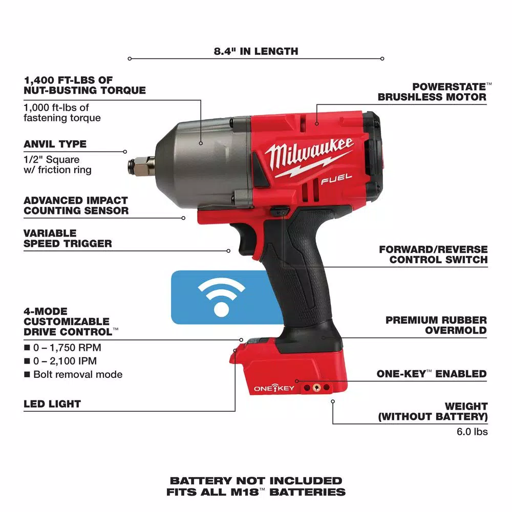 Promo 👍 Impact 🔧 Wrenches Milwaukee M18 FUEL ONE-KEY 18-Volt Lithium-Ion Brushless Cordless 1/2 In. Impact 🔧 Wrench With Friction Ring (Tool-Only) 👍 - Image 3