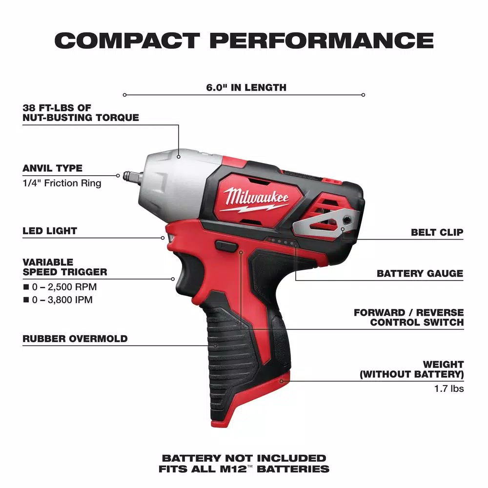 Budget ๐ฏ Impact ๐ง Wrenches Milwaukee M12 12-Volt Lithium-Ion Cordless 1/4 In. Impact ๐ง Wrench (Tool-Only) ๐ฏ - Image 2