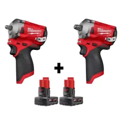 New 🤩 Milwaukee M12 FUEL 12-Volt Lithium-Ion Brushless Cordless Stubby 3/8 In. And 1/2 In. Impact 🔧 Wrenches With Two 3.0 Ah Batteries 🔥